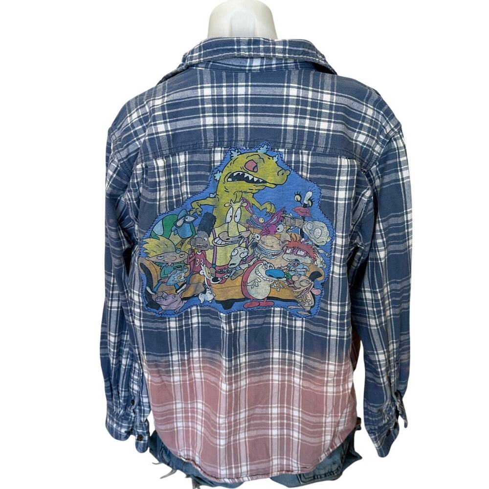 Nickelodeon 90s Cartoon Flannel Plaid Shirt LARGE Oversized Unique Ren Stimpy
